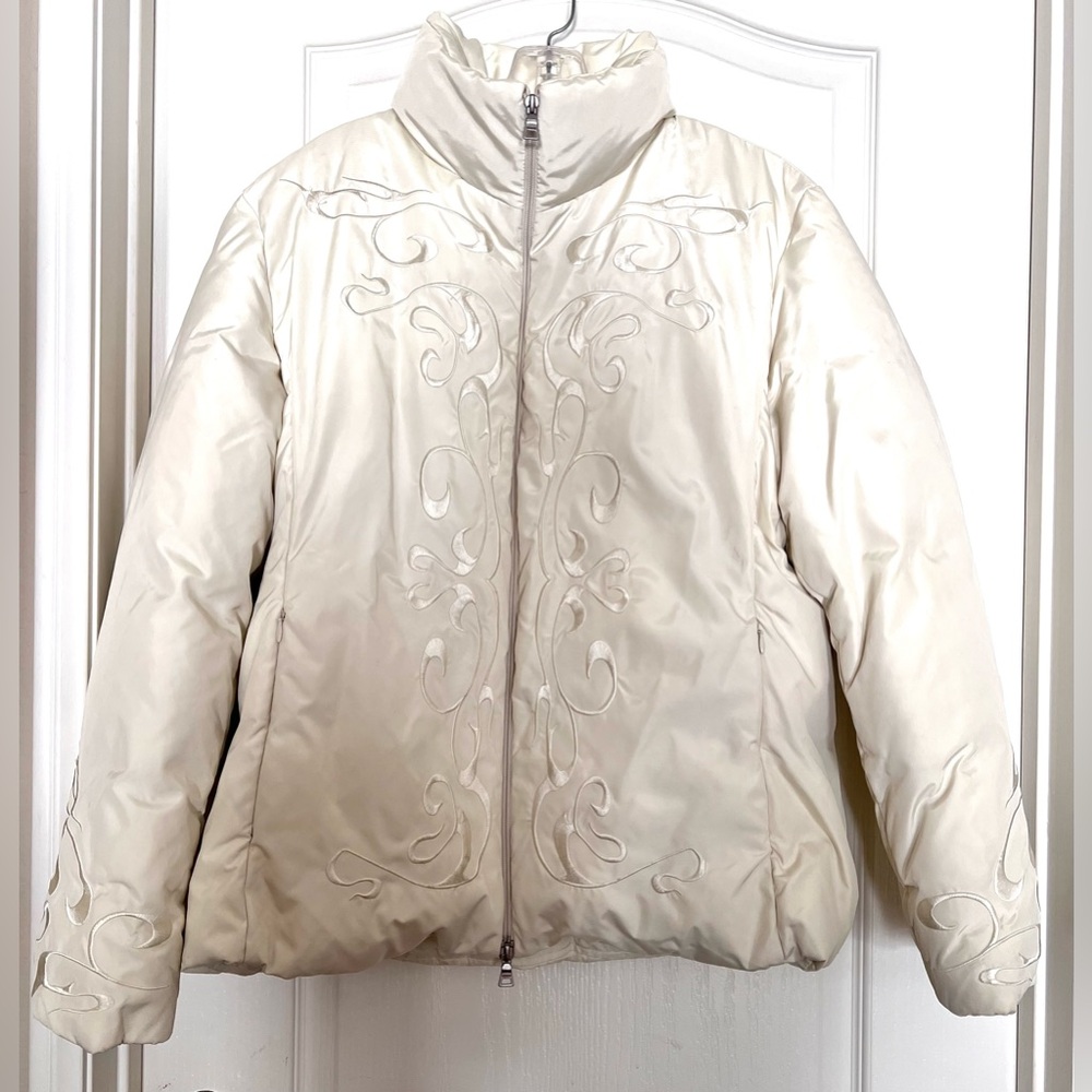 Vintage Guess Women’s Down Feather Jacket XL Winter White Ski Embroidered Heavy